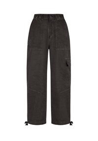 Pantaloni cargo grigi scuri con una vestibilità ampia, dotati di due tasche frontali, una tasca laterale e lacci regolabili alle caviglie. Materiale in cotone.