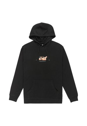 Sort pullover hoodie med en frontlomme, justerbar snoretræk-hætte, og et lille grafisk print i pastelfarver på brystet.
