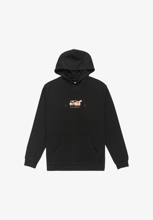 Schwarzer Pullover-Hoodie mit Vordertasche, verstellbarem Kordelzug für die Kapuze und einem kleinen Grafikdruck in Pastellfarben auf der Brust.