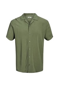 Groene shirt met korte mouwen, gemaakt van lichte stof, met een kraagontwerp, knoopsluiting aan de voorkant en een gladde textuur.
