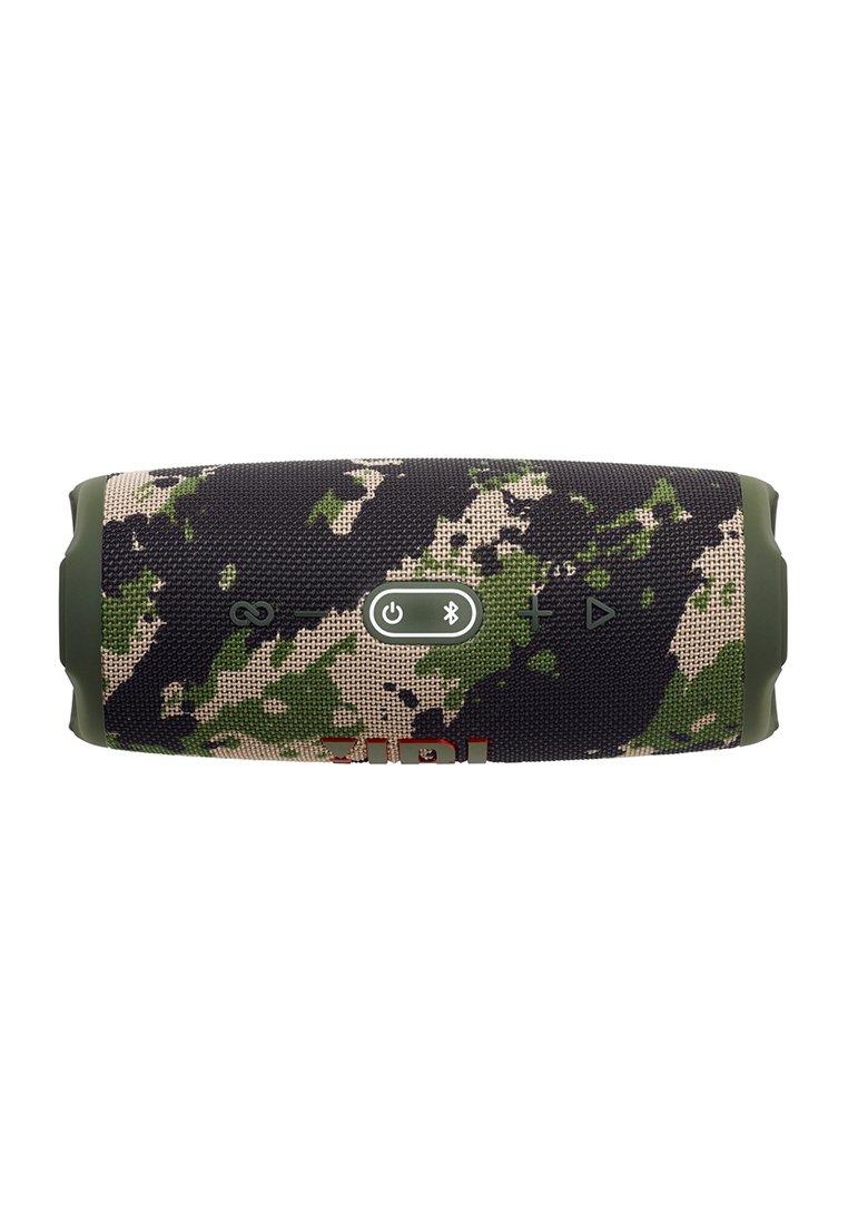 Enceinte Bluetooth portable avec tissu camouflé, bouton d'alimentation et Bluetooth, commandes de volume et bouton lecture/pause visibles à l'avant.
