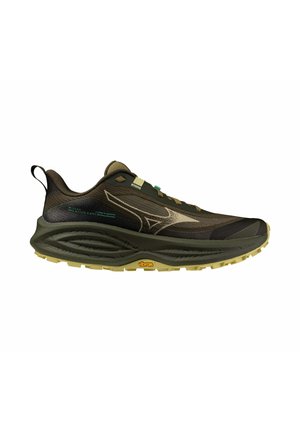 Chaussure de trail running vert foncé et noire avec une semelle Vibram épaisse et un logo beige clair sur le côté, vue de l'extérieur.