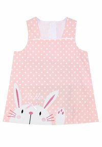 Vestido sin mangas de lunares rosas que presenta un diseño de conejito con detalles bordados y la palabra "Hola". El material parece ser algodón suave.
