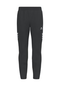 Zwarte sportbroek met een taps toelopende pasvorm, elastische tailleband, logo en witte accenten aan de zijkanten. Zachte stofstructuur.