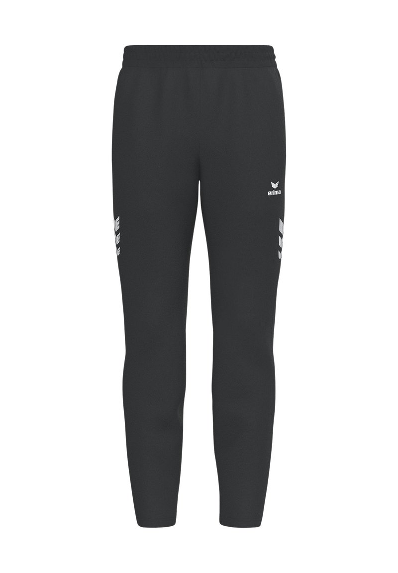 Zwarte sportbroek met een taps toelopende pasvorm, elastische tailleband, logo en witte accenten aan de zijkanten. Zachte stofstructuur.