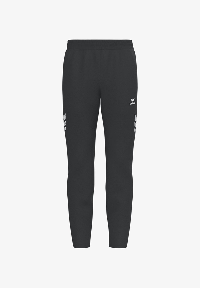 Schwarze Sporthosen mit schmaler Passform, elastischem Bund, Logo und weißen Akzenten an den Seiten. Weicher Stoff.