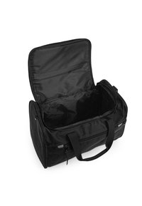 Bolsa de viaje negra con apertura con cremallera, exterior de tela y correas de transporte dobles. El interior está forrado y es espacioso, sin compartimentos.