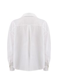 Biała, luźna koszula z prostym karczkiem, mankietami na guziki i teksturowanym lnianym materiałem. Posiada klasyczny kołnierz i boczne zaszewki.