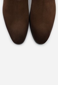 Bottes en daim marron avec un design à bout pointu. Texture lisse et quincaillerie minimale, mettant en valeur une silhouette élégante.