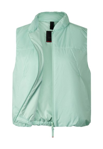 Lysegrøn ærmeløs polstret vest med stående krave, foran lynlås delvist åben, og elastisk kant nederst.
