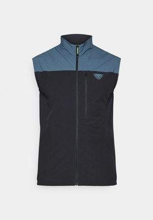 Αμάνικη γιλέκο με ψηλό γιακά· σκούρο μπλε σώμα με πιο ανοιχτό μπλε επάνω μέρος· διαθέτει τσεπάκι με φερμουάρ και λογότυπο στο στήθος.