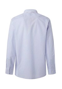 Camisa de manga larga a rayas en azul claro y blanco con cuello abotonado y puños abotonados, hecha de tejido entrelazado.