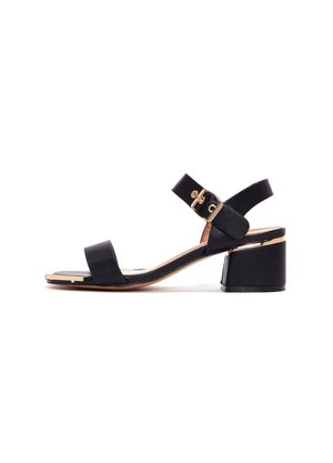 Black leather sandal with a rounded toe, two wide straps, and a gold buckle. Features a chunky heel and smooth texture.