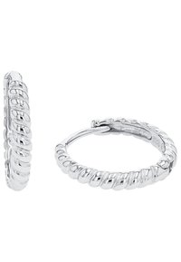 Orecchini a cerchio in argento con un design a corda intrecciata, caratterizzati da una finitura lucida e una chiusura sicura. La dimensione è standard, di forma cilindrica.