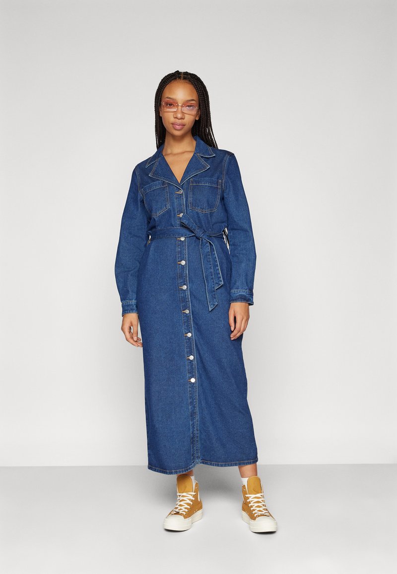 object denim dress Object OBJZOFIA SHIRT DRESS - Denim dress - medium blue denim/blue denim