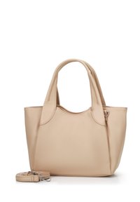 Beige leren handtas met twee handvatten aan de bovenkant, een afneembare schouderriem en een afgerond ontwerp. Gestructureerd oppervlak met minimale hardware.