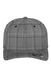 Zwart-wit geruit baseballpet met een gebogen rand, gestikte details en ventilatiegaten aan de bovenkant. Verstelbare achterriem.