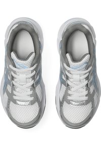 Gray and white athletic shoes featuring a mesh upper, textured accents, flat laces, and blue detailing on the sides. Rounded toe design.