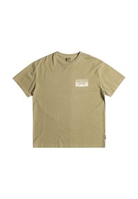 Short sleeve khaki T-shirt made of cotton, featuring a white graphic print on the left chest and a classic crew neckline.