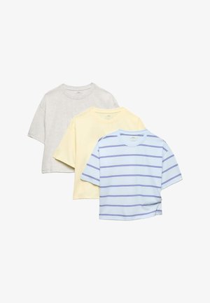 Drei kurzärmelige T-Shirts mit Rundhalsausschnitt in Hellgrau, blassgelb und hellblau mit violetten Streifen, überlappend auf einem weißen Hintergrund angeordnet.