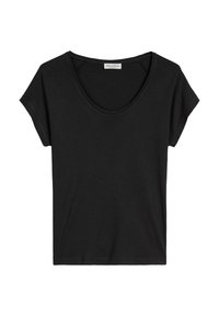 T-shirt noir à manches courtes avec un col rond, fabriqué en tissu doux et léger au toucher lisse, sans motifs visibles.