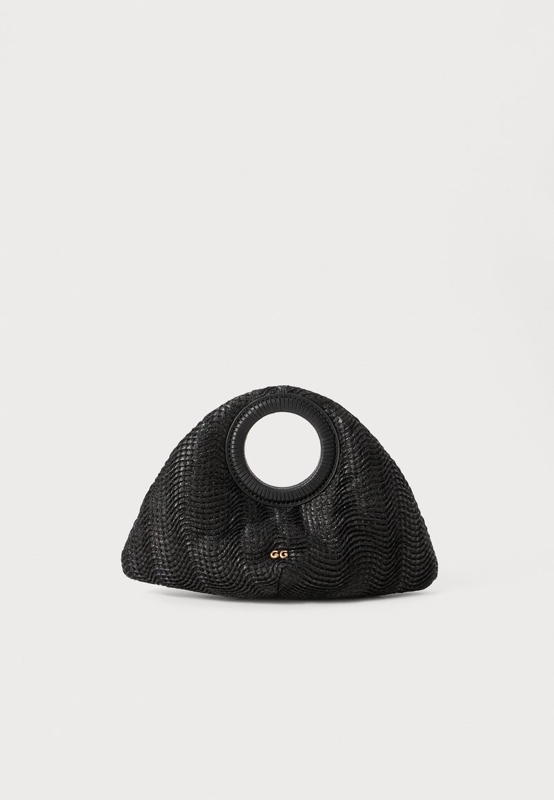 Black woven purse with a unique crescent shape, featuring a round handle and subtle logo detail at the front. Textured surface throughout.