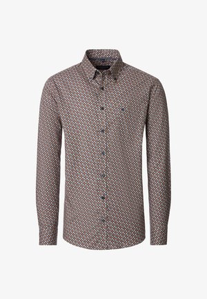 Long-sleeve button-up shirt featuring a geometric pattern in brown, blue, and orange. Fabric is textured with a classic collar and pocket.