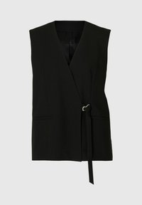 Schwarze ärmellose Weste mit tiefem V-Ausschnitt, Wickeldesign, vorderem Bindebandverschluss und zwei seitlichen Taschen. Glatte Textur und taillierte Passform.