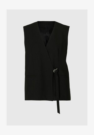 Svart ermeløs vest med dyp V-hals, innpakningsdesign, frontknyting og to sidelommer. Glatt tekstur og skreddersydd passform.