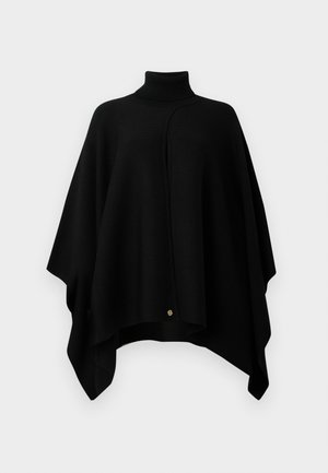 Poncho noir avec un col montant, fabriqué en tissu texturé. Présente une couture diagonale et une petite touche dorée à l'ourlet. Forme ample et fluide.