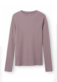 Langärmliges Hemd in hellem Mauve, mit gerippter Textur, runder Ausschnittform und lockerem Schnitt. Keine sichtbaren Beschläge oder Muster.