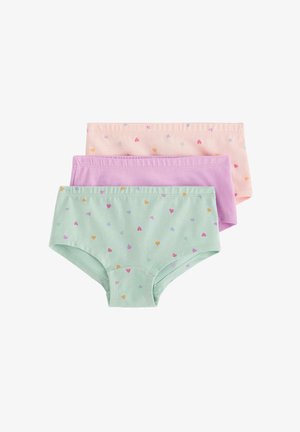 Tre par hipstertrusser i mintgrøn, lavendel og pink, hver med et mønster af små, multicolore hjerter.