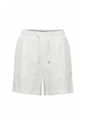 Bāli vasaras šorti no baltas lina ar elastīgu jostu un stiprinājumu. Piedāvā brīvu piegriezumu un rullētus malus. Gluda tekstūra.