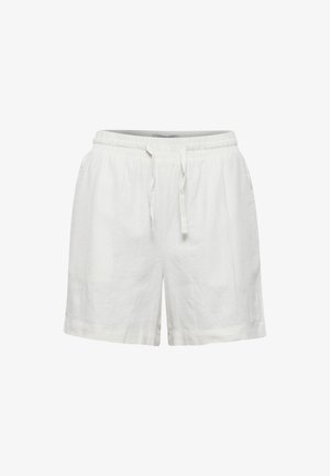 Biele ľanové šortky s elastickým pásom a šnúrkou. Majú voľný strih a rolované lemovanie. Hladká textúra.