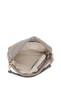 Gray woven handbag with a textured exterior, open top, and light fabric lining. Features interior pockets and gold-tone hardware accents.