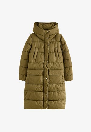 Long olive green quilted puffer coat with high collar, front snap buttons, slanted chest pockets, and large lower patch pockets.