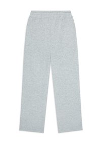 Pantaloni lounge in cotone morbido di colore grigio chiaro, con una vestibilità rilassata, dotati di un ampio elastico in vita e gambe dritte, presentando una trama uniforme.