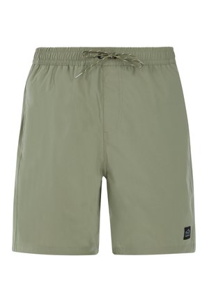 Green swim shorts with an elastic waistband and drawstring. Smooth texture, knee-length, featuring a small brand logo on the bottom right.