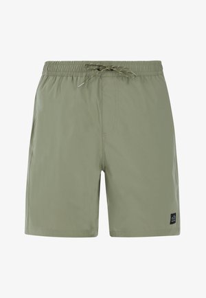 Groene zwembroek met elastische tailleband en trekkoord. Gladde textuur, knie-lang, met een klein merklogo op de onderkant rechts.