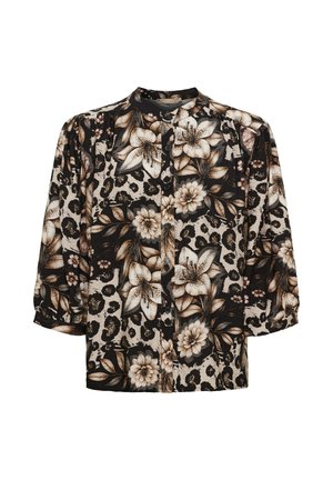 Sort knappet bluse med beige og brune blomster- og leopardmønstre, med trekvart pufærmer og rund krave.