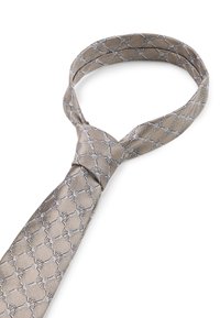 Beige Krawatte mit einem geometrischen Muster in Grau. Hergestellt aus glattem Stoff, mit klassischer Form und schmalem Ende.