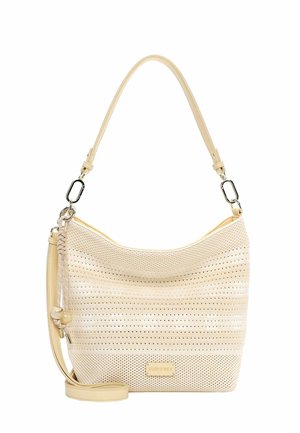 Smėlio spalvos perforuota pečių rankinė su nuimamu dirželiu, sidabrine metaline apdaila ir dekoratyviniais karoliukais ant šoninio kutelio.