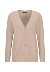 Beiger Cardigan mit strukturiertem Muster, V-Ausschnitt und Knopfverschluss an der Vorderseite, langen Ärmeln und einem weichen Strickstoff.