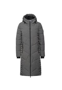 Manteau gris rembourré avec une capuche, présentant une longueur longue, un motif de piqûre en diagonale, une fermeture éclair à l'avant et des poignets et une doublure intérieure noirs.