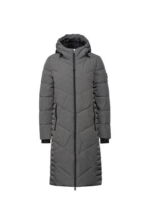 Grau gepolsterter Mantel mit Kapuze, langer Schnitt, diagonaler Steppmuster, Frontreißverschluss sowie schwarzen Bündchen und Innenfutter.