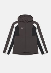 Σκούρα γκρι φούτερ με φερμουάρ, με λευκές και μαύρες ρίγες στα μανίκια, την κουκούλα και το λογότυπο της Nike στο αριστερό στήθος.