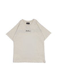 T-shirt in cotone color crema con una vestibilità relaxed, maniche corte e la parola "Disclaimer" ricamata in nero sulla parte anteriore.