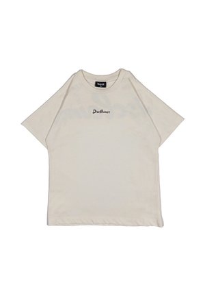 T-shirt in cotone color crema con una vestibilità relaxed, maniche corte e la parola "Disclaimer" ricamata in nero sulla parte anteriore.
