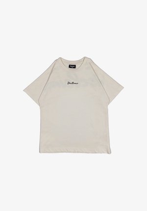 T-shirt in cotone color crema con una vestibilità relaxed, maniche corte e la parola "Disclaimer" ricamata in nero sulla parte anteriore.