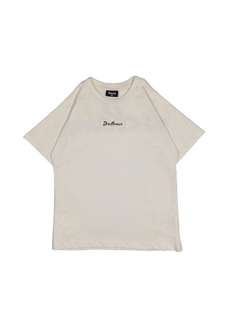 T-shirt in cotone color crema con una vestibilità relaxed, maniche corte e la parola "Disclaimer" ricamata in nero sulla parte anteriore.